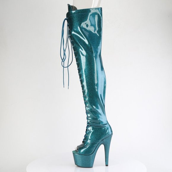 Glitter Platform Heel Lace Up Thigh High Boots - Picture 1 of 5